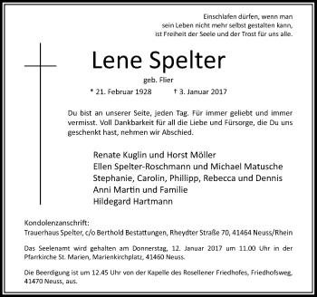 Traueranzeige von Lene Spelter von Rheinische Post