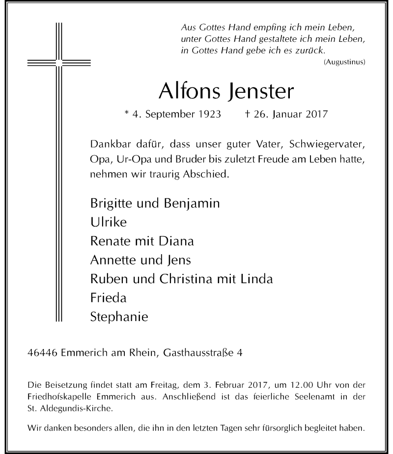  Traueranzeige für Alfons Jenster vom 31.01.2017 aus Rheinische Post