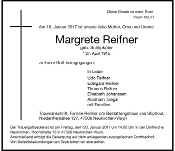 Traueranzeige von Margrete Reifner von Rheinische Post