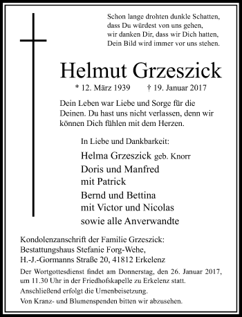 Traueranzeige von Helmut Grzeszick von Rheinische Post