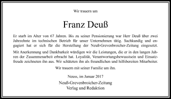 Traueranzeige von Franz Deuß von Rheinische Post