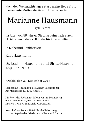 Traueranzeige von Marianne Hausmann von Rheinische Post