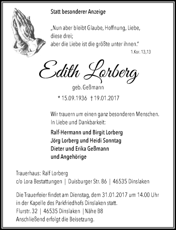 Traueranzeige von Edith Lorberg von Rheinische Post