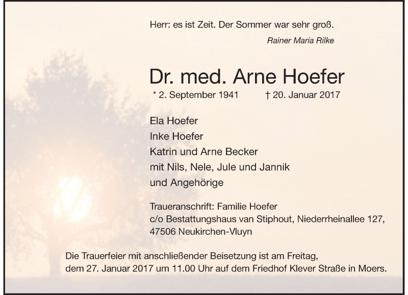  Traueranzeige für Arne Hoefer vom 24.01.2017 aus Rheinische Post