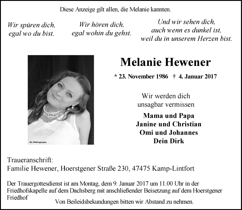  Traueranzeige für Melanie Hewener vom 06.01.2017 aus Rheinische Post