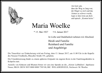 Traueranzeige von Maria Woelke von Rheinische Post