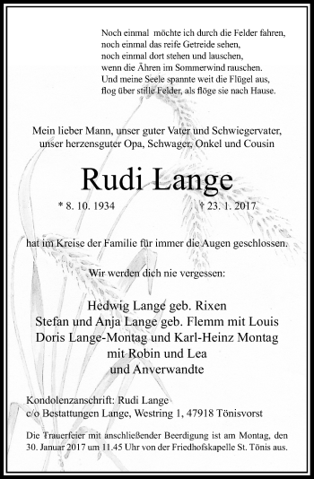 Traueranzeige von Rudi Lange von Rheinische Post