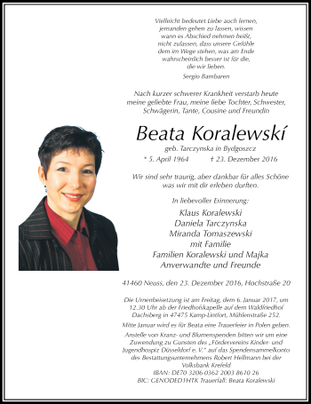 Traueranzeige von Beata Koralewski von Rheinische Post