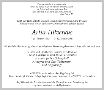 Traueranzeige von Artur Hilverkus von Rheinische Post