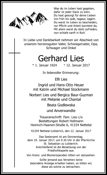 Traueranzeige von Gerhard Lies von Rheinische Post