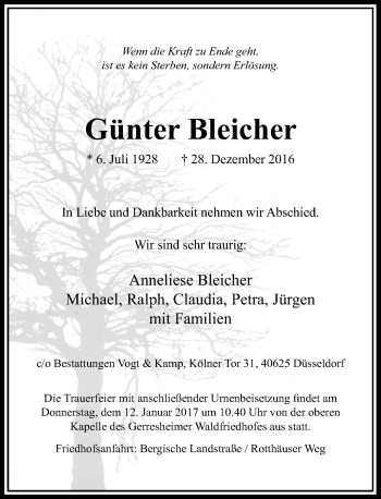 Traueranzeige von Günter Bleicher von Rheinische Post