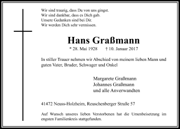 Traueranzeige von Hans Graßmann von Rheinische Post