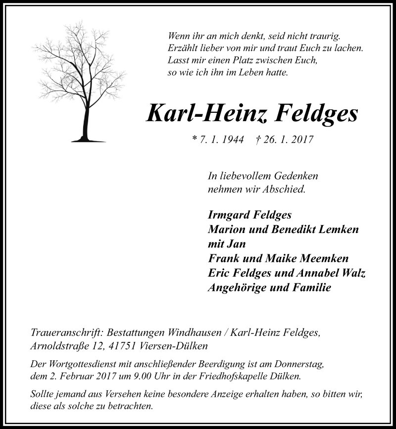  Traueranzeige für Karl-Heinz Feldges vom 31.01.2017 aus Rheinische Post
