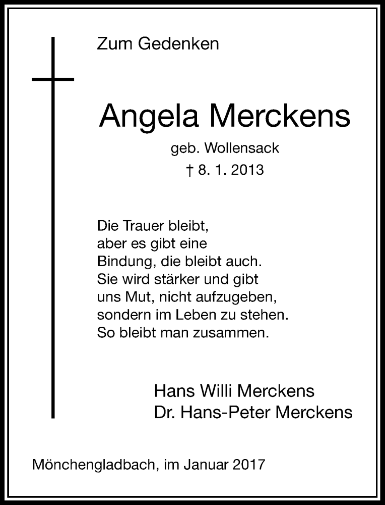  Traueranzeige für Angela Merckens vom 14.01.2017 aus Rheinische Post