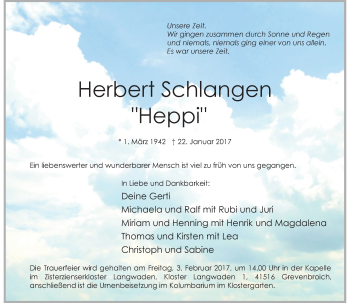 Traueranzeige von Herbert Schlangen von Rheinische Post