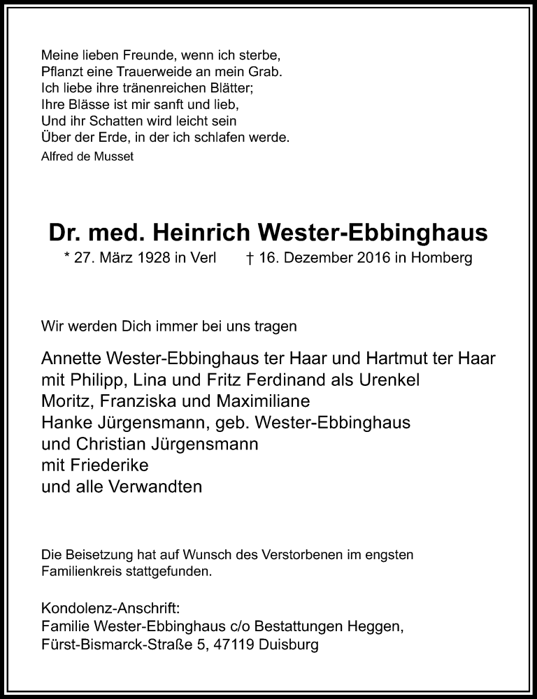 Traueranzeige für Heinrich Wester-Ebbinghaus vom 04.01.2017 aus Rheinische Post