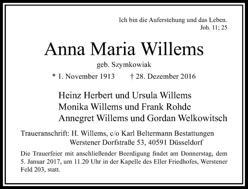 Traueranzeige für Anna Maria Willems vom 03.01.2017 aus Rheinische Post
