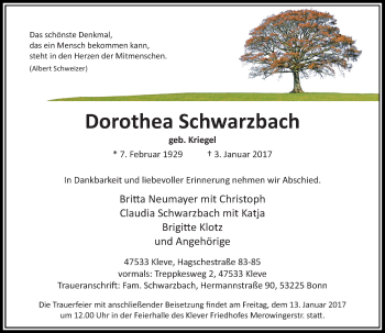 Traueranzeige von Dorothea Schwarzbach von Rheinische Post