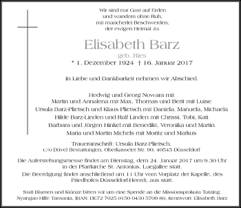 Traueranzeige von Elisabeth Barz von Rheinische Post