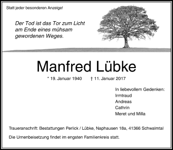 Traueranzeige von Manfred Lübke von Rheinische Post
