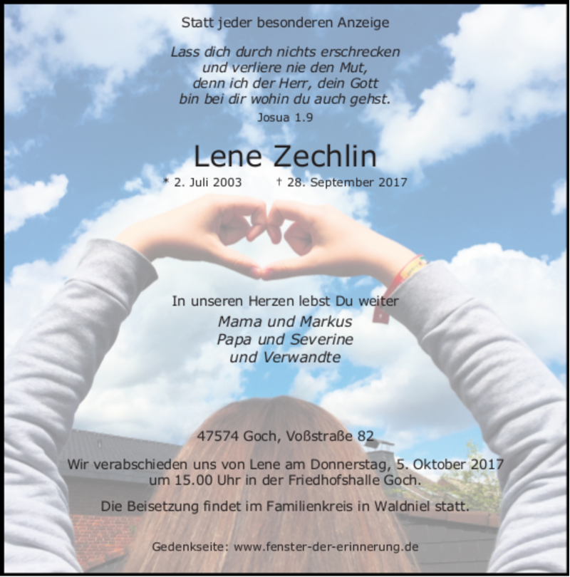  Traueranzeige für Lene Zechlin vom 03.10.2017 aus Rheinische Post