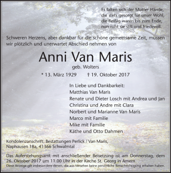 Traueranzeige von Anni  Van Maris von Rheinische Post