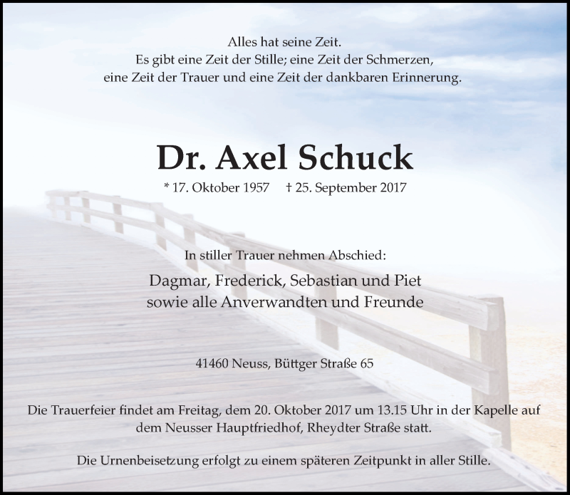  Traueranzeige für Axel Schuck vom 14.10.2017 aus Rheinische Post