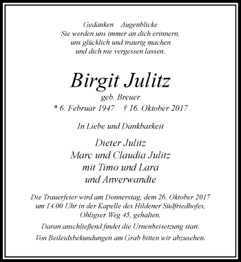 Traueranzeige von Birgit Julitz von Rheinische Post