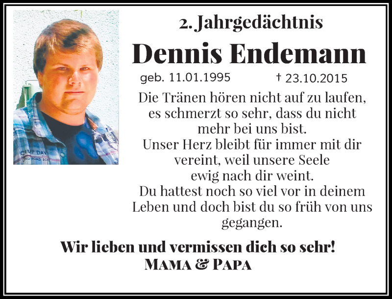  Traueranzeige für Dennis Endemann vom 23.10.2017 aus Rheinische Post