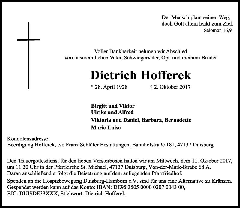  Traueranzeige für Dietrich Hofferek vom 07.10.2017 aus Rheinische Post