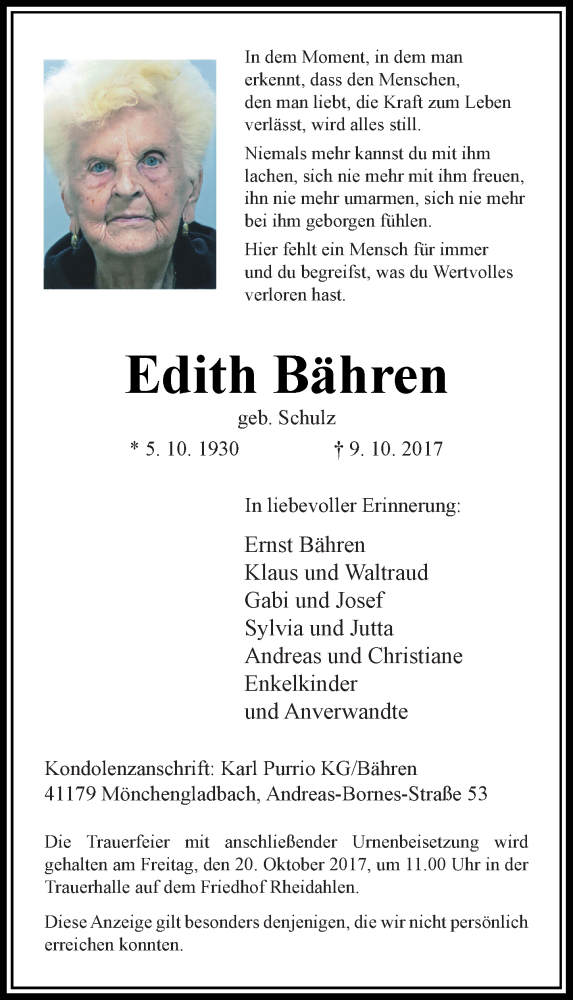  Traueranzeige für Edith Bähren vom 14.10.2017 aus Rheinische Post