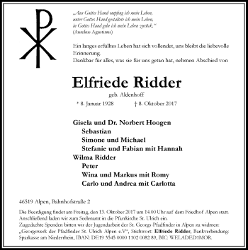 Traueranzeige von Elfriede Ridder von Rheinische Post