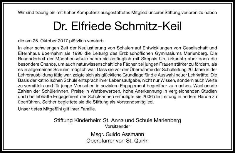  Traueranzeige für Elfriede Schmitz-Keil vom 28.10.2017 aus Rheinische Post