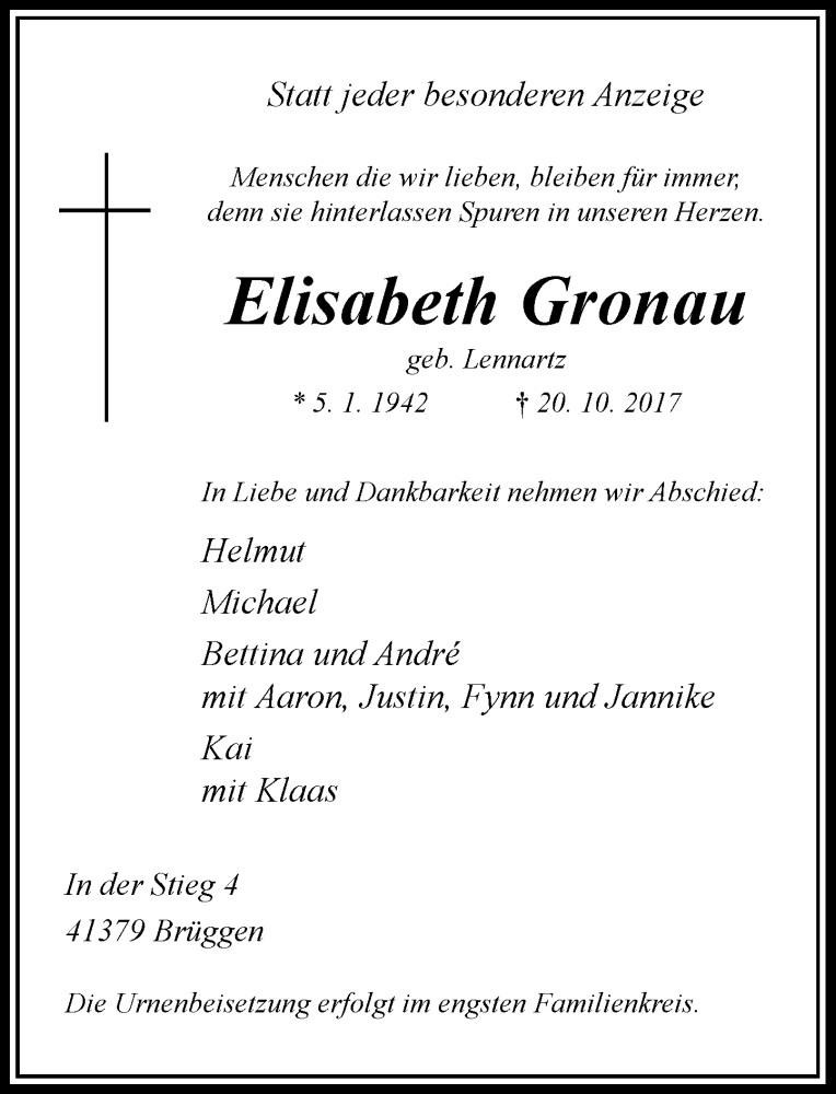  Traueranzeige für Elisabeth Gronau vom 28.10.2017 aus Rheinische Post