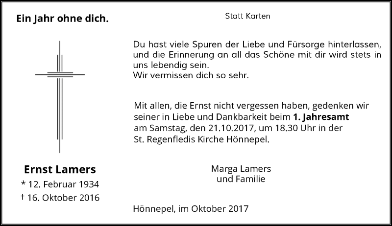  Traueranzeige für Ernst Lamers vom 14.10.2017 aus Rheinische Post