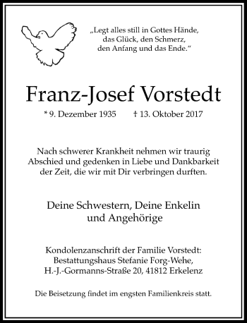 Traueranzeige von Franz-Josef Vorstedt von Rheinische Post