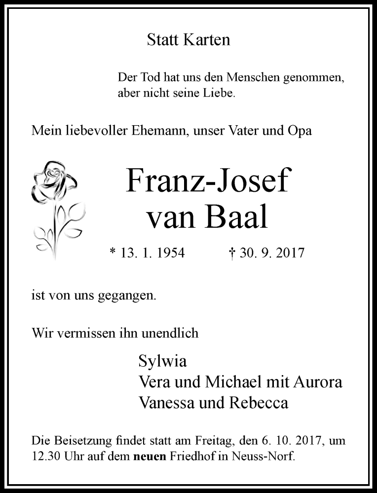  Traueranzeige für Franz-Josef van Baal vom 03.10.2017 aus Rheinische Post