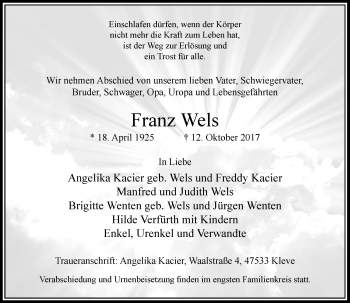 Traueranzeige von Franz Wels von Rheinische Post