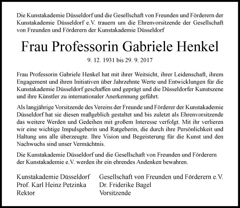  Traueranzeige für Gabriele Henkel vom 05.10.2017 aus Rheinische Post