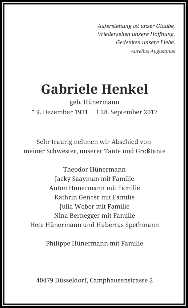  Traueranzeige für Gabriele Henkel vom 05.10.2017 aus Rheinische Post