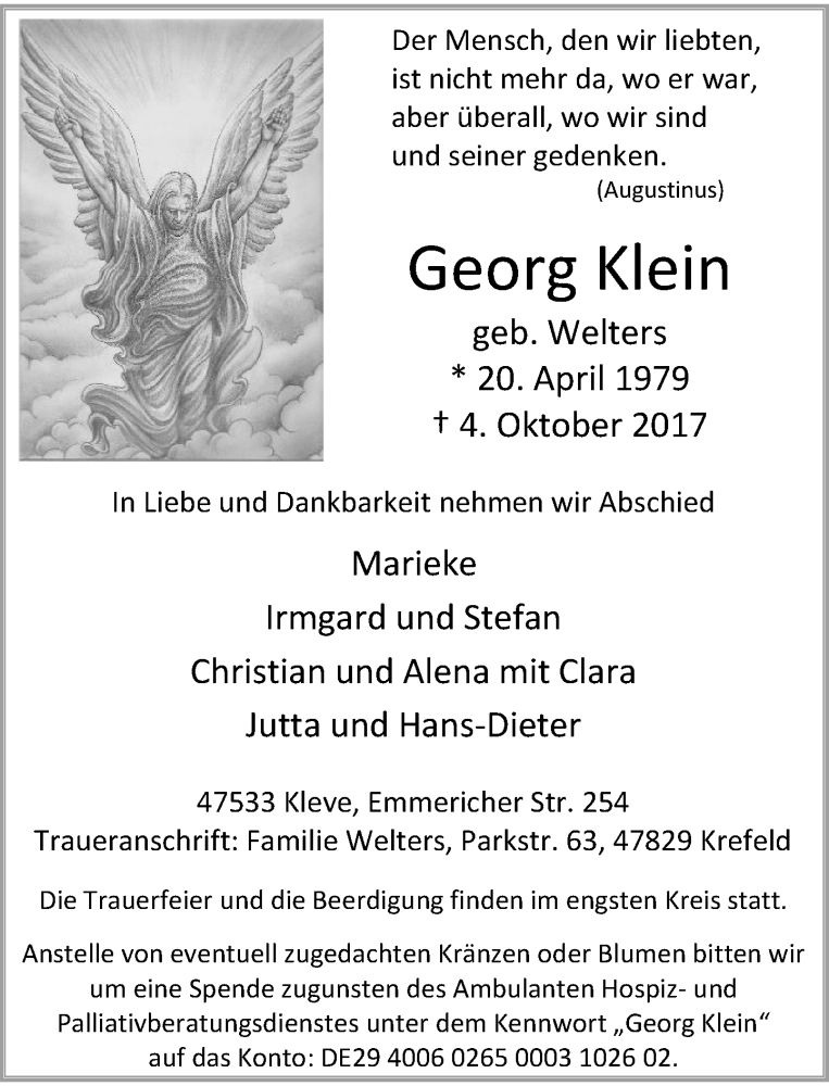  Traueranzeige für Georg Klein vom 07.10.2017 aus Rheinische Post
