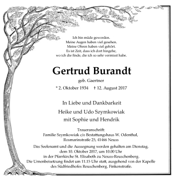 Traueranzeige von Gertrud Burandt von Rheinische Post