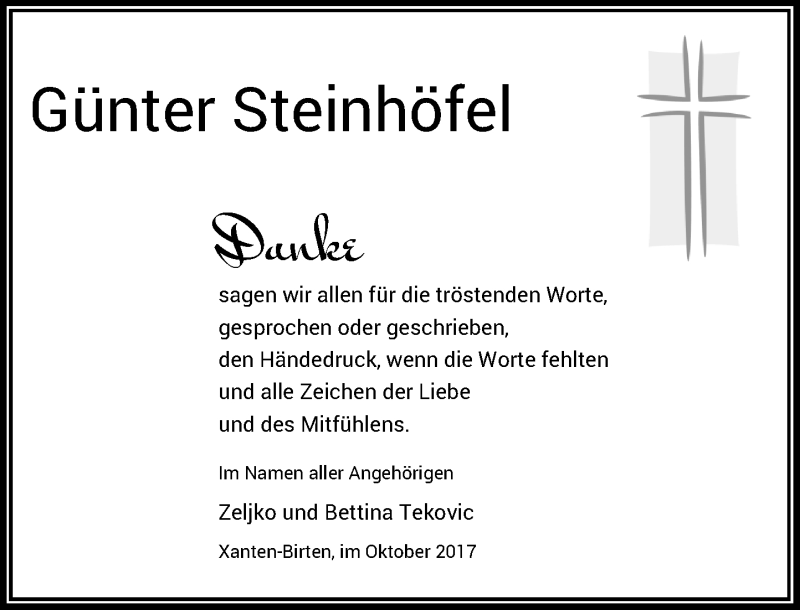  Traueranzeige für Günter Steinhöfe vom 13.10.2017 aus Rheinische Post