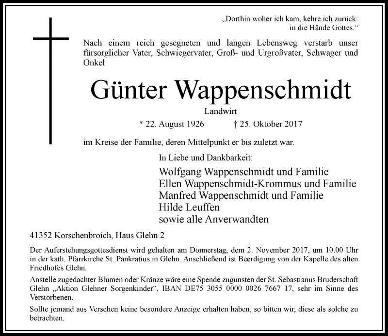  Traueranzeige für Günter Wappenschmidt vom 28.10.2017 aus Rheinische Post