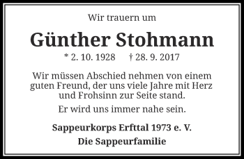 Traueranzeige von Günther Stohmann von Rheinische Post