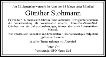 Traueranzeige von Günther Stohmann von Rheinische Post