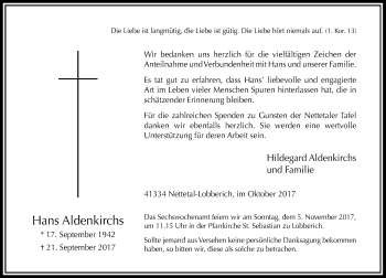 Traueranzeige von Hans Aldenkirchs von Rheinische Post