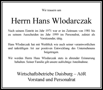 Traueranzeige von Hans Wlodarczak von Rheinische Post