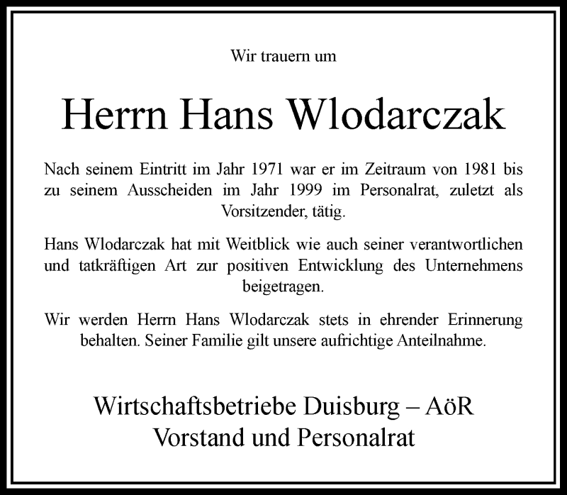  Traueranzeige für Hans Wlodarczak vom 06.10.2017 aus Rheinische Post