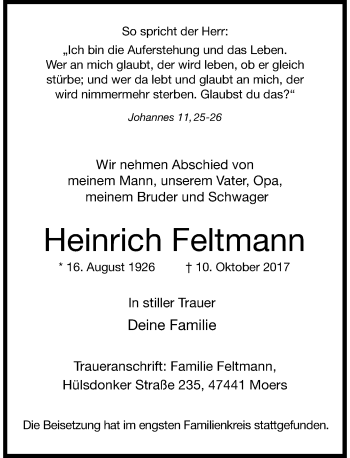 Traueranzeige von Heinrich Feltmann von Rheinische Post